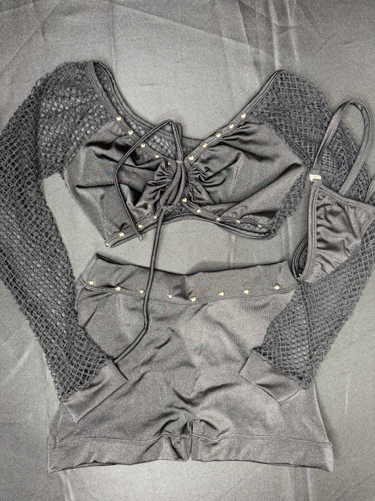 Black Spandex Long Sleeve Top/Ripped Back Shorts Two-Piece Lingerie Outfit
