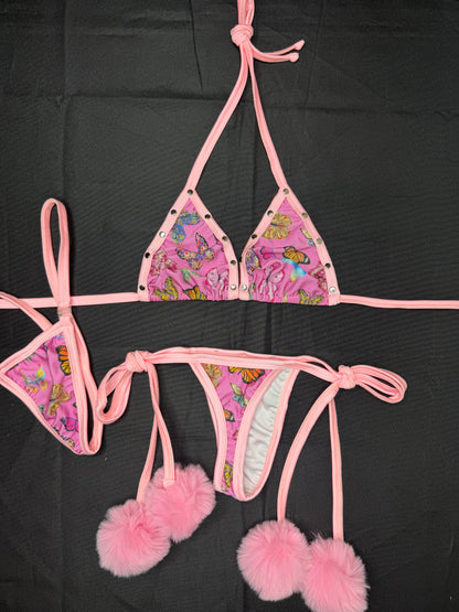 Baby Pink Butterfly Spandex Two-Piece Bikini Lingerie Outfit