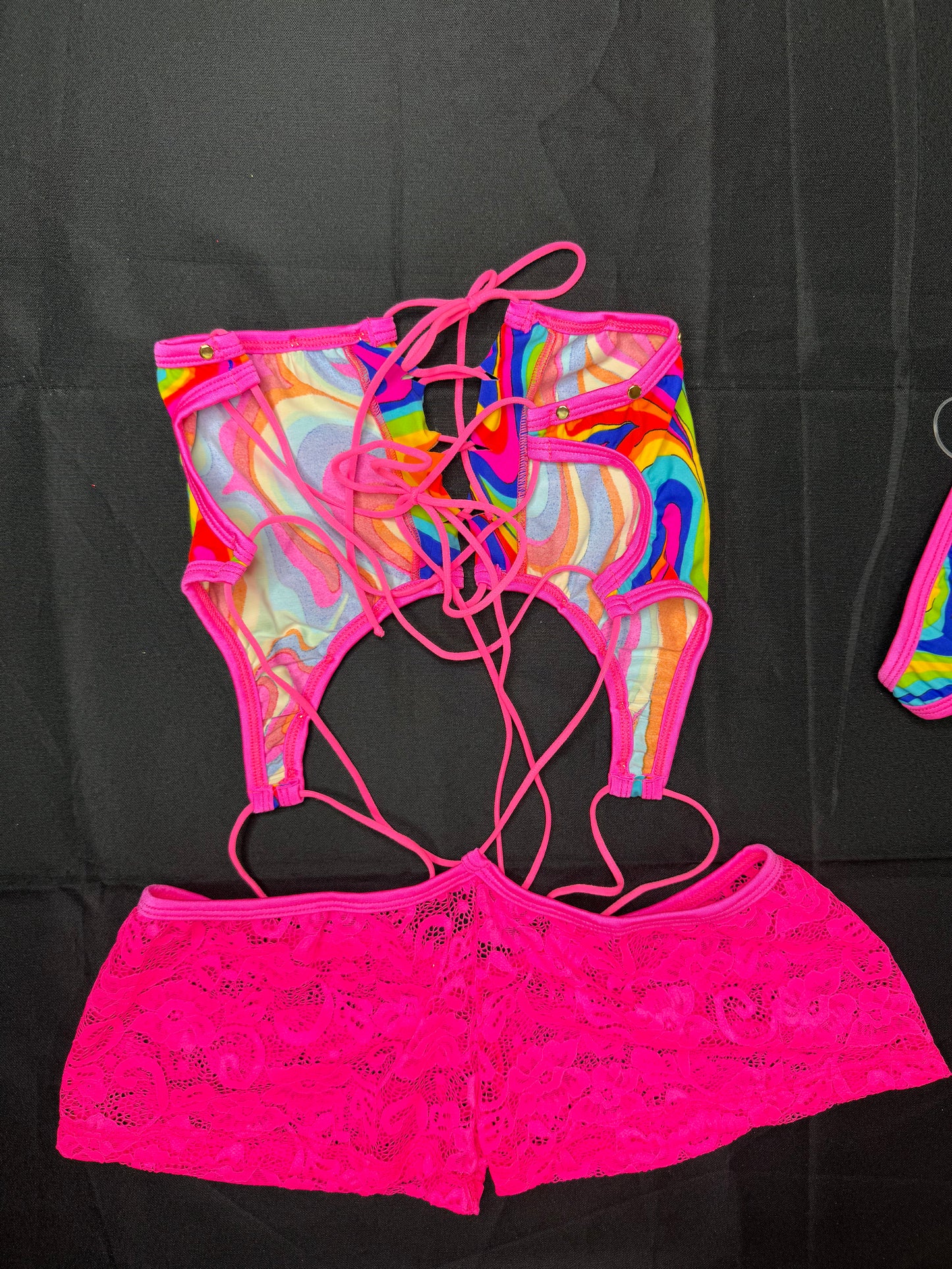 Multi Color Print/Hot Pink Lace One-Piece Lingerie Outfit