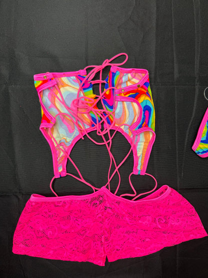 Multi Color Print/Hot Pink Lace One-Piece Lingerie Outfit