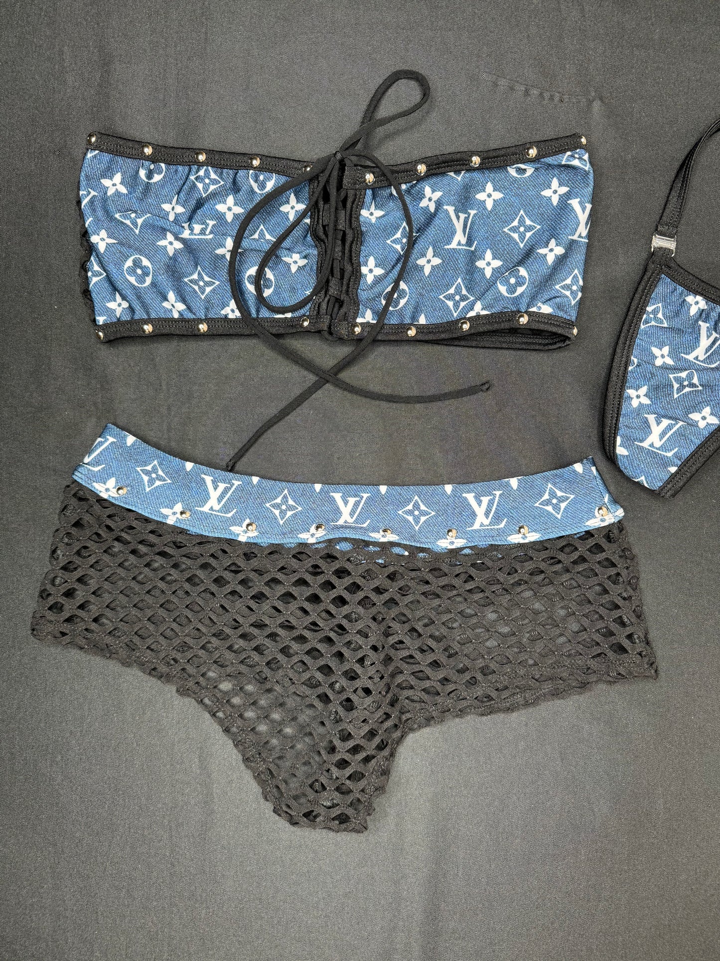 Designer Denim/Black Fishnet Tube Top/Shorts Two-Piece Lingerie Outfit