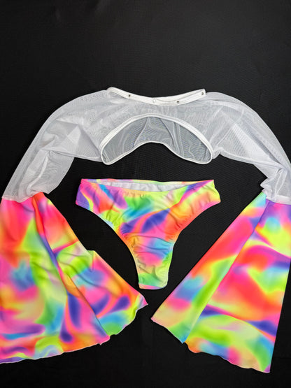 Rainbow Spandex/Baby Blue Mesh Three Piece Shorts/Fringe Chaps/Fringe Top Lingerie Outfit