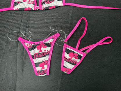 Hot Pink/White Designer Spandex Two-Piece Bikini Lingerie Outfit