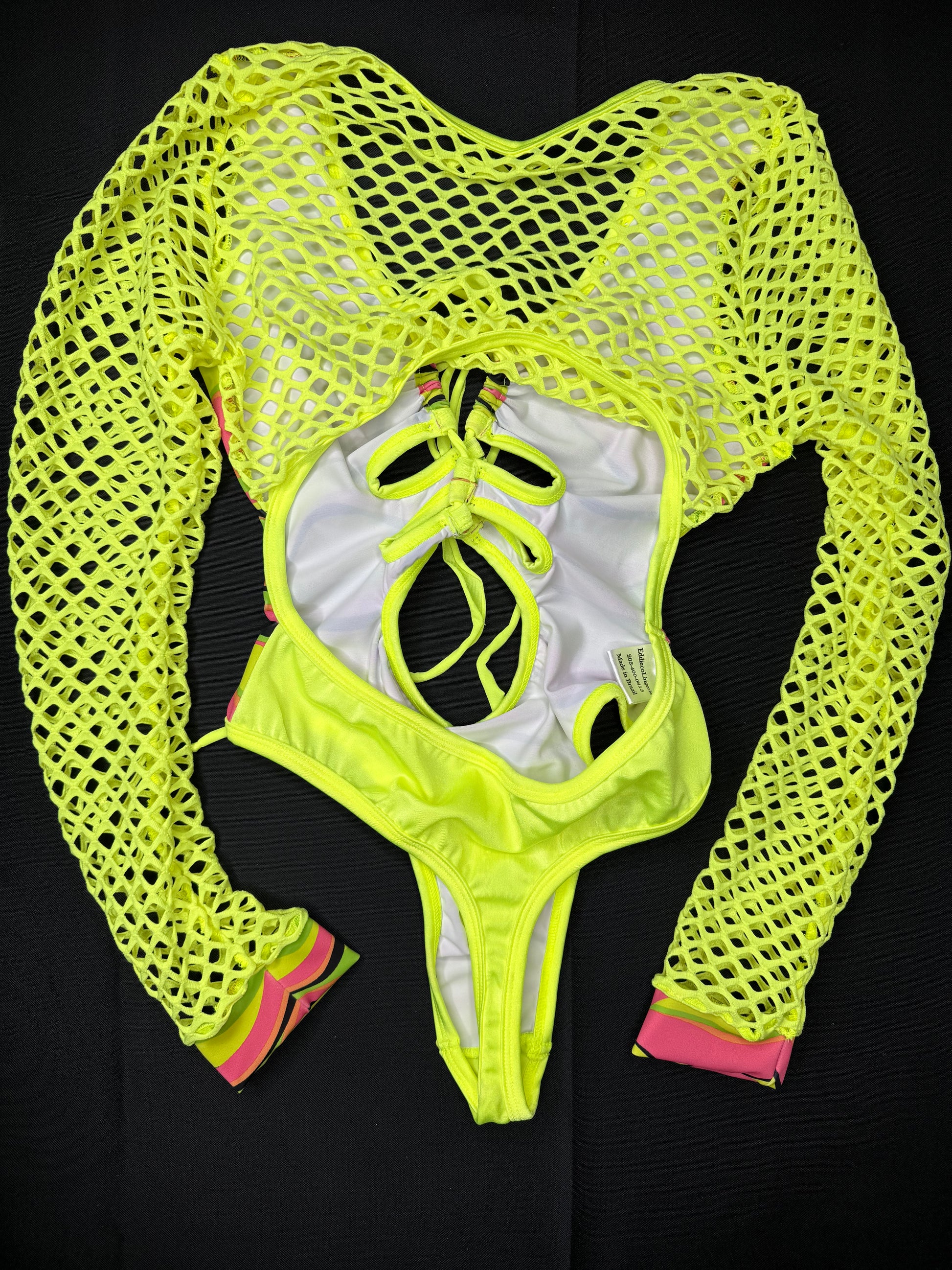 Neon Yellow/Pink Wave Leotard Exotic Dancer Outfit