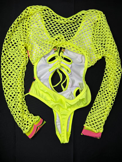 Neon Yellow/Pink Wave Leotard Exotic Dancer Outfit