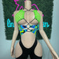 Neon Green Fishnet/Cosmic Blue/Yellow/Black Spandex One-Piece Romper Lingerie Outfit