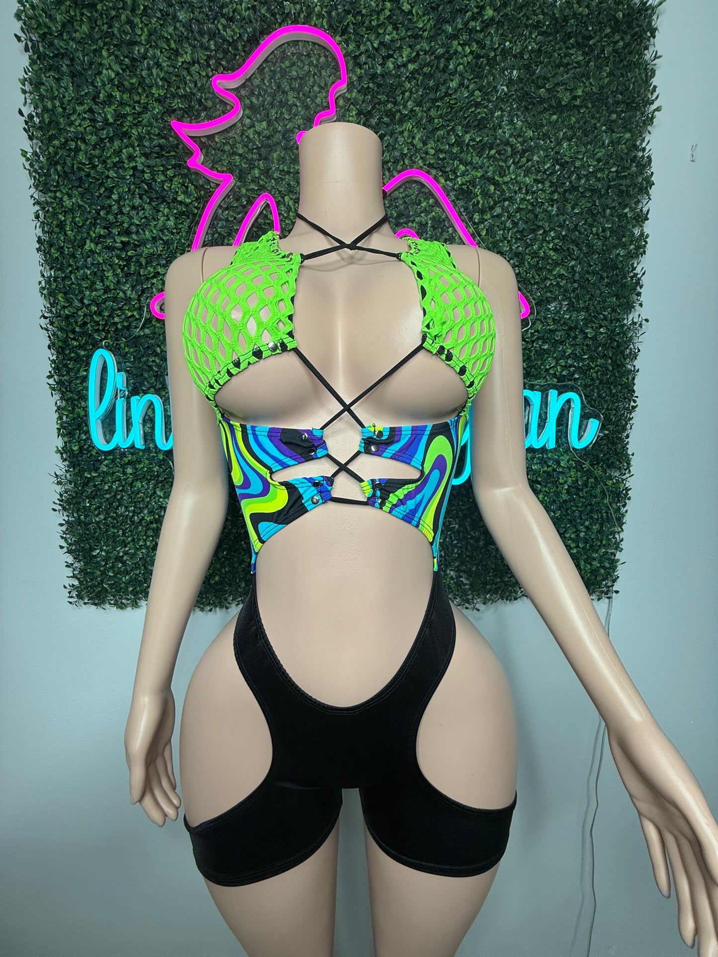 Neon Green Fishnet/Cosmic Blue/Yellow/Black Spandex One-Piece Romper Lingerie Outfit