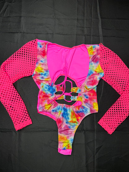 Hot Pink/Metallic Rainbow Spandex Leotard Lingerie Outfit