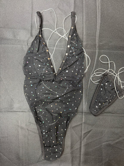 Black Sparkle Mesh/Black Spandex One-Piece Lingerie Outfit