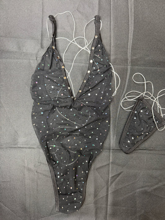 Black Sparkle Mesh/Black Spandex One-Piece Lingerie Outfit