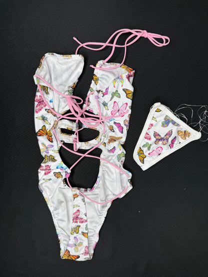 Butterfly Print Spandex One-Piece Lingerie Outfit