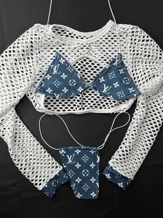 White/Denim Three Piece Stripper Outfit