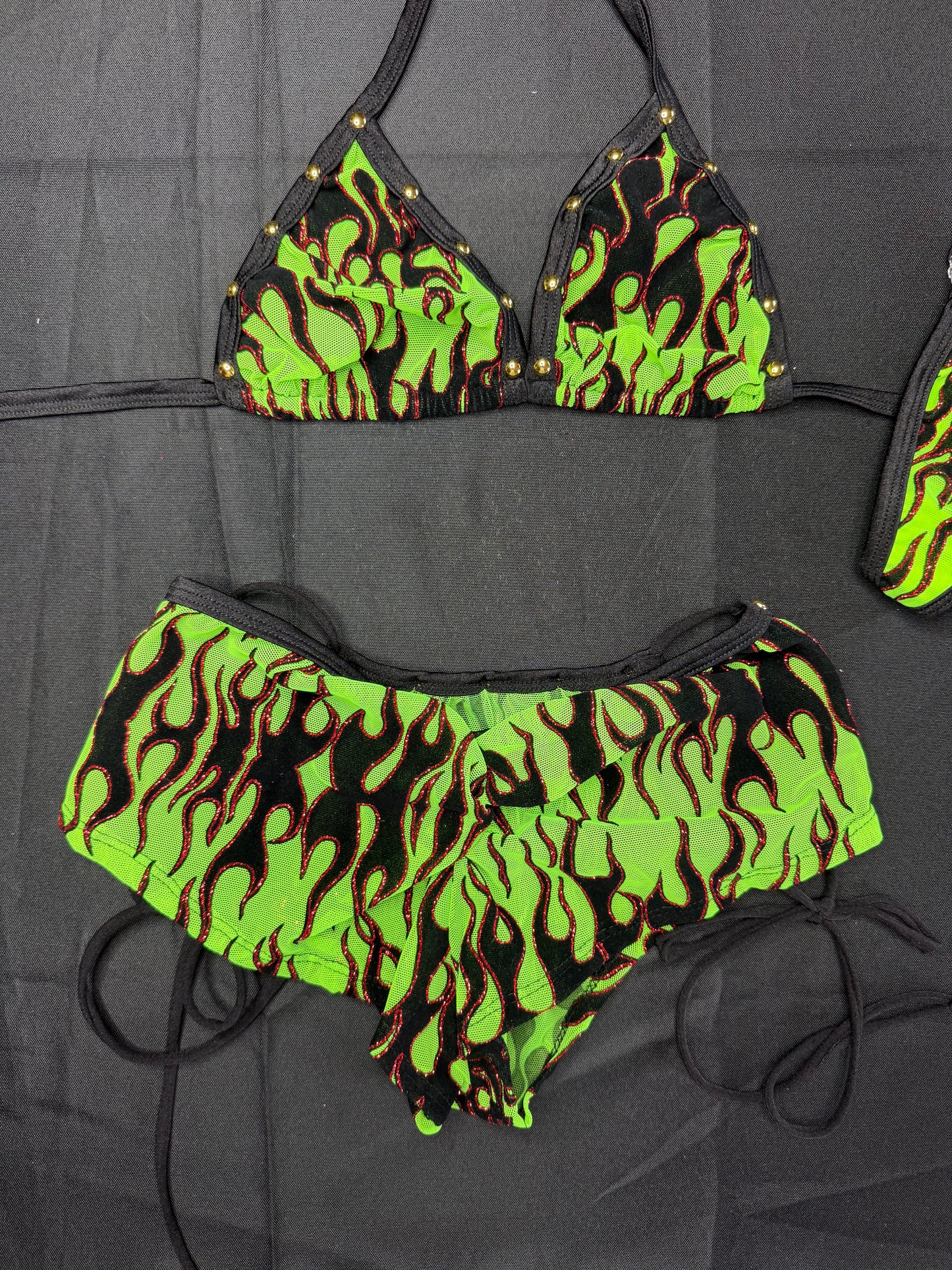 Green Flame Mesh Two-Piece Shorts Lingerie Outfits