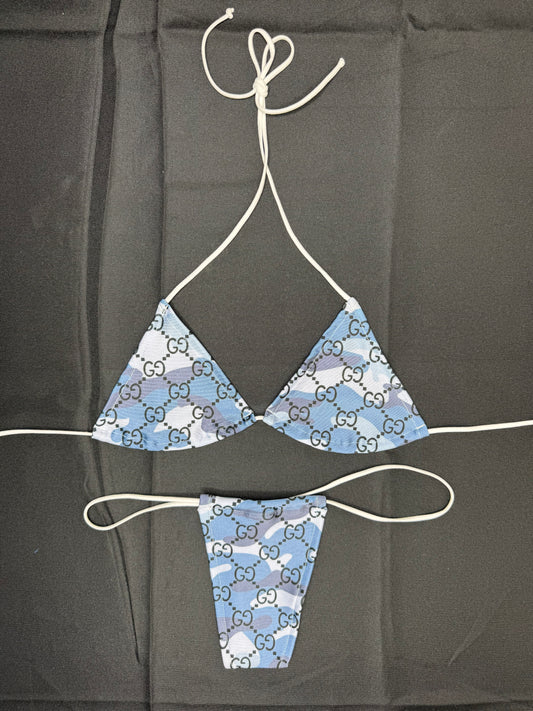 Blue Camouflage Two-Piece Micro Bikini Lingerie Outfit