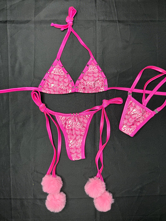 Designer Baby Pink/Hot Pink Pom Pom Bikini Lingerie Outfit