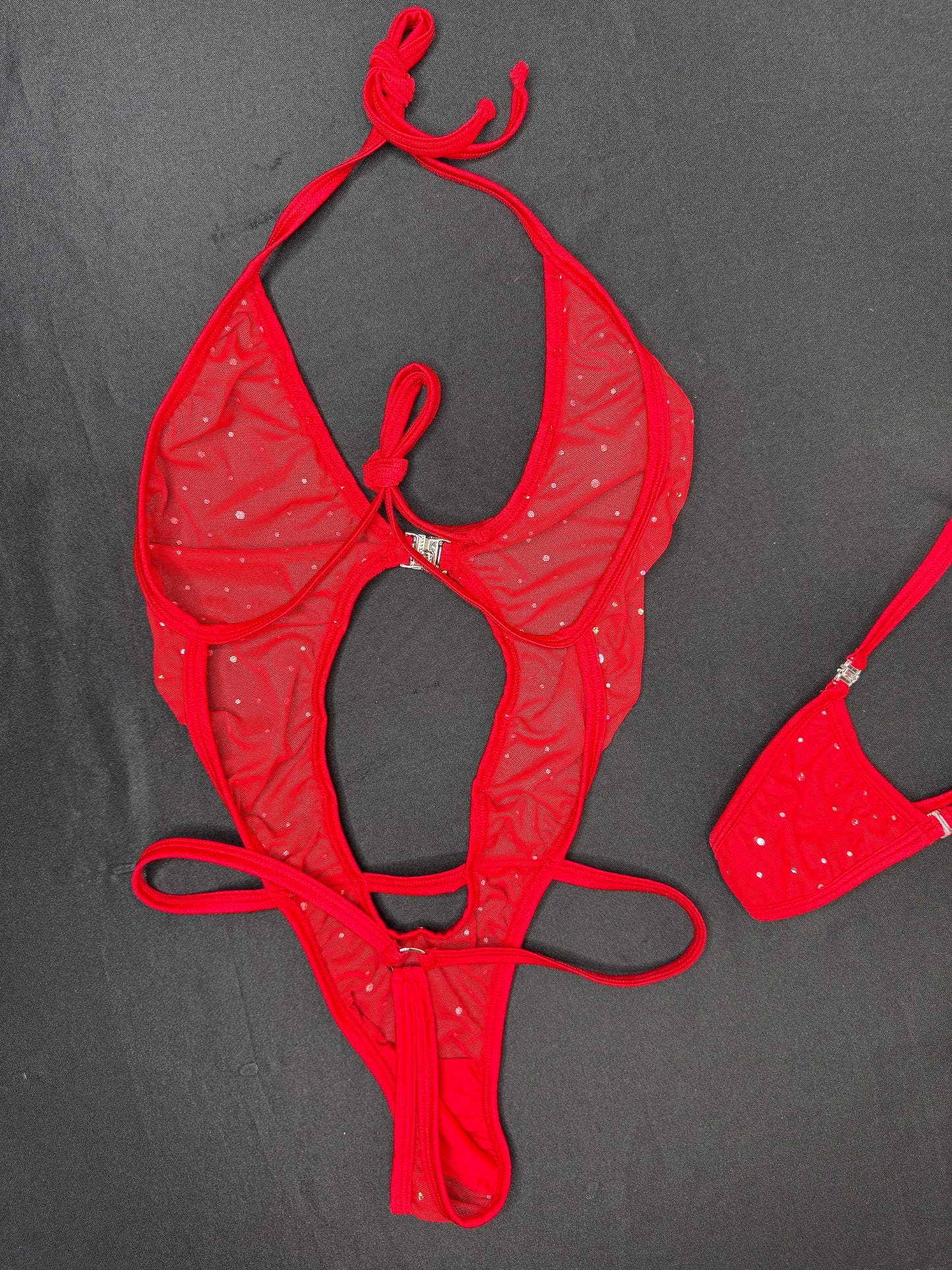 Red Mesh/Red Spandex One-Piece Lingerie Outfit