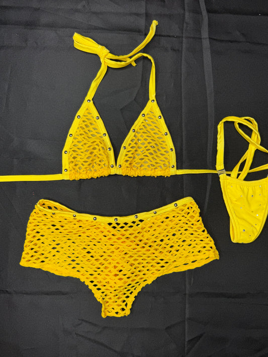 Bright Sunflower Yellow Fishnet Bikini Top/Shorts Two-Piece Lingerie Outfit