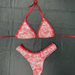 Money Print/Burgundy Fishnet Spandex Bikini Top/Burgundy Fishnet Shorts Three-Piece Lingerie Outfit