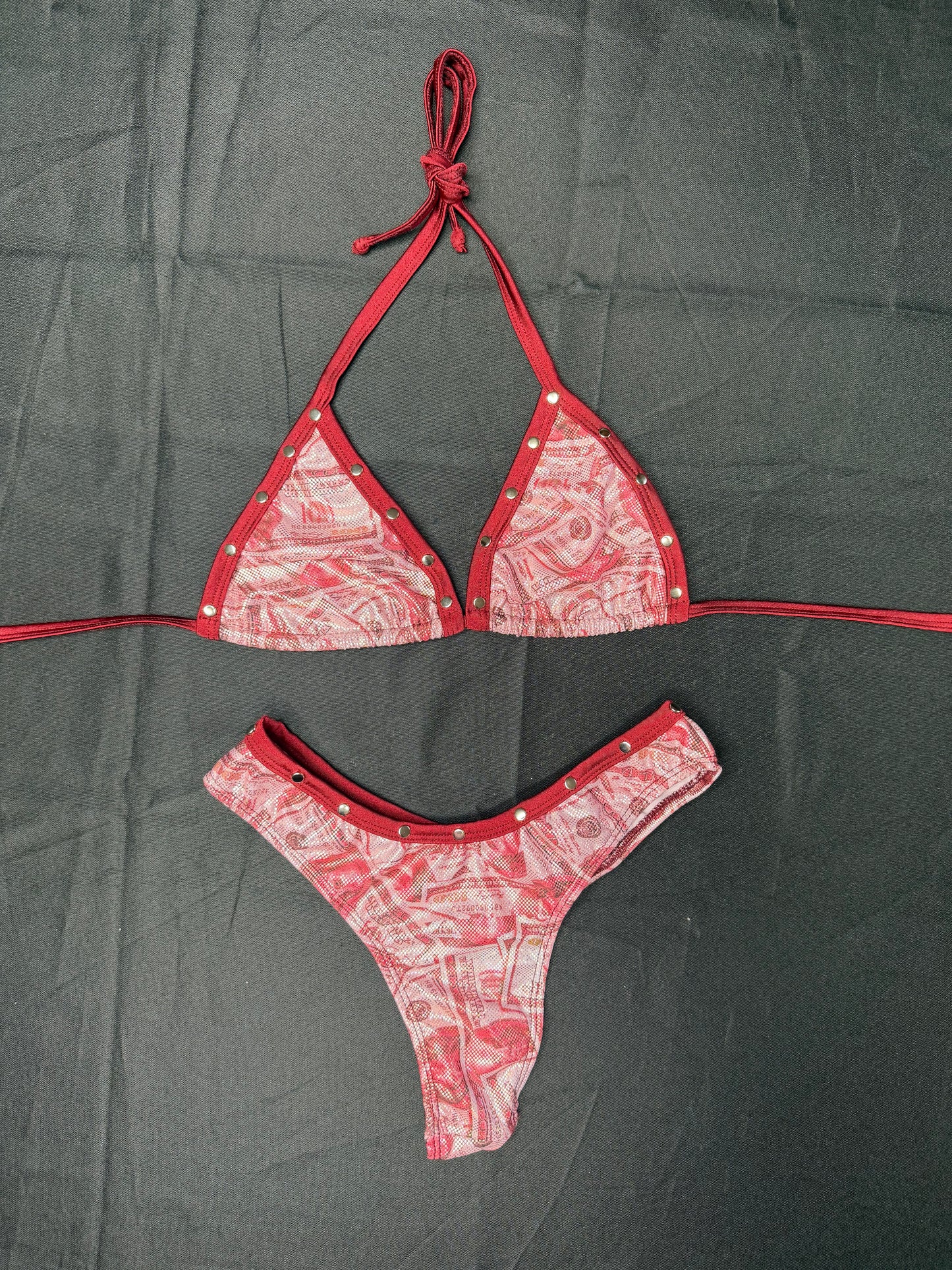 Money Print/Burgundy Fishnet Spandex Bikini Top/Burgundy Fishnet Shorts Three-Piece Lingerie Outfit