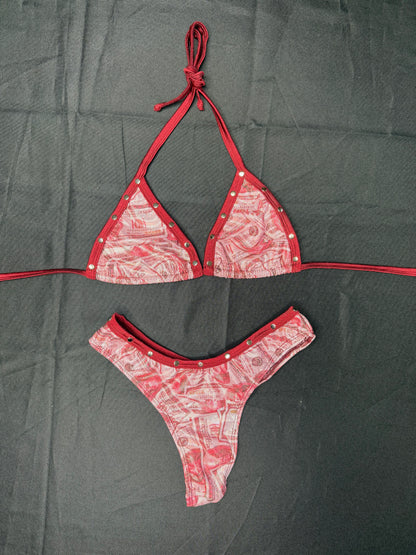 Money Print/Burgundy Fishnet Spandex Bikini Top/Burgundy Fishnet Shorts Three-Piece Lingerie Outfit