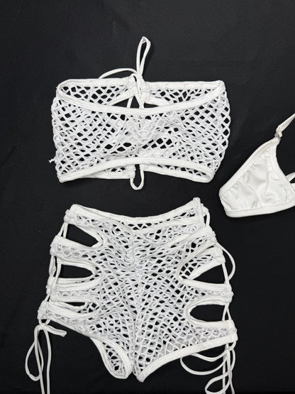 White Fishnet Tube Top/Shorts Two-Piece Lingerie Outfit
