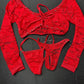 Metallic Red/Red Flower Pattern Lace Long Sleeve Valentine’s Day Exotic Dancer Outfit