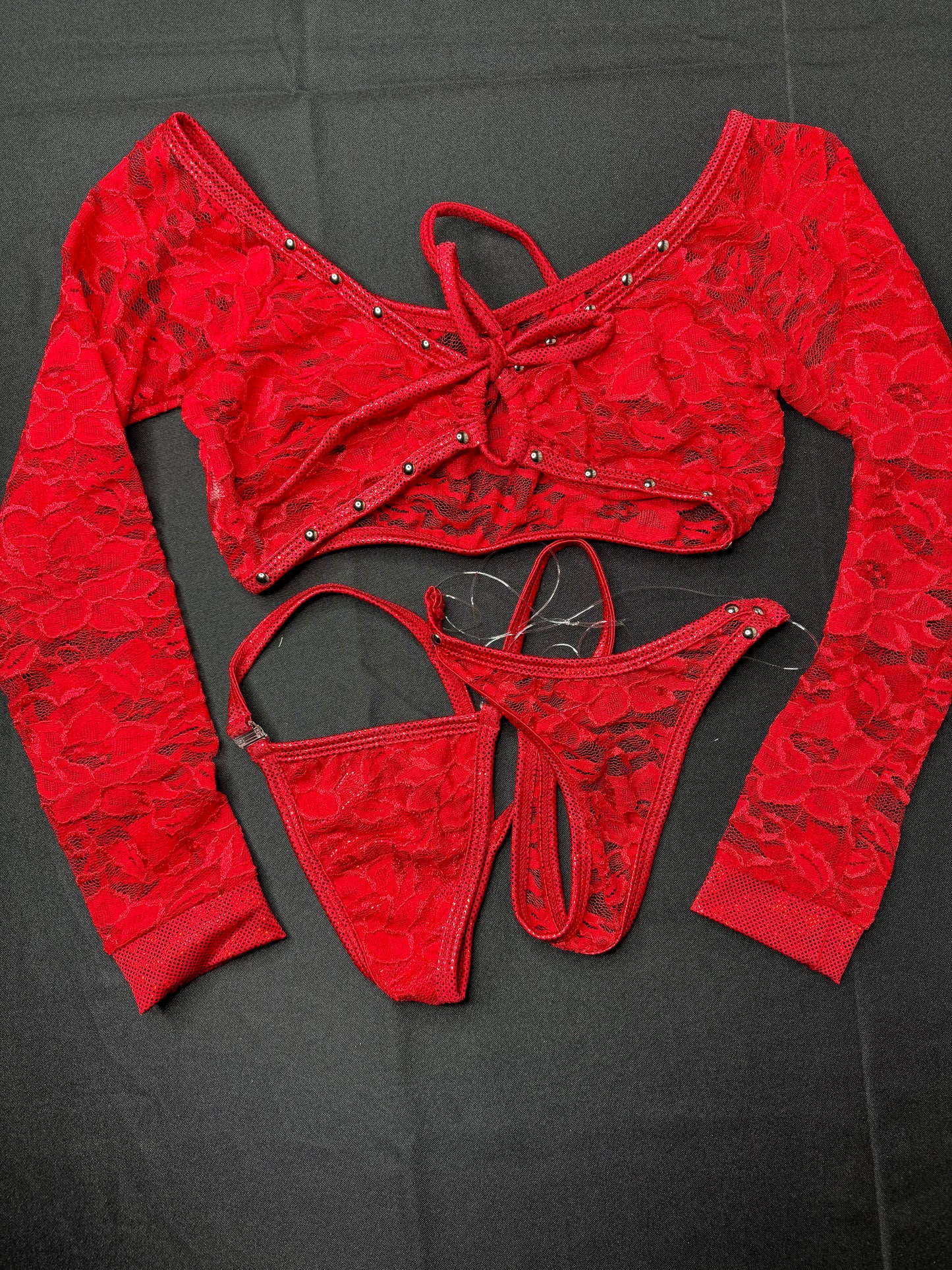 Metallic Red/Red Flower Pattern Lace Long Sleeve Valentine’s Day Exotic Dancer Outfit