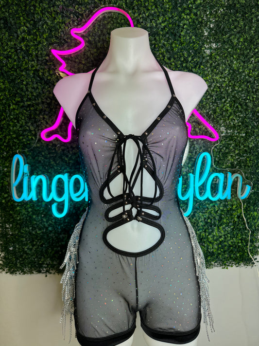 Black/Silver Sparkle Mesh One-Piece Stripper Outfit