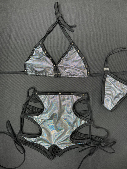 Metallic Black/Black Fishnet Bikini Top/Shorts Two-Piece Lingerie Outfit