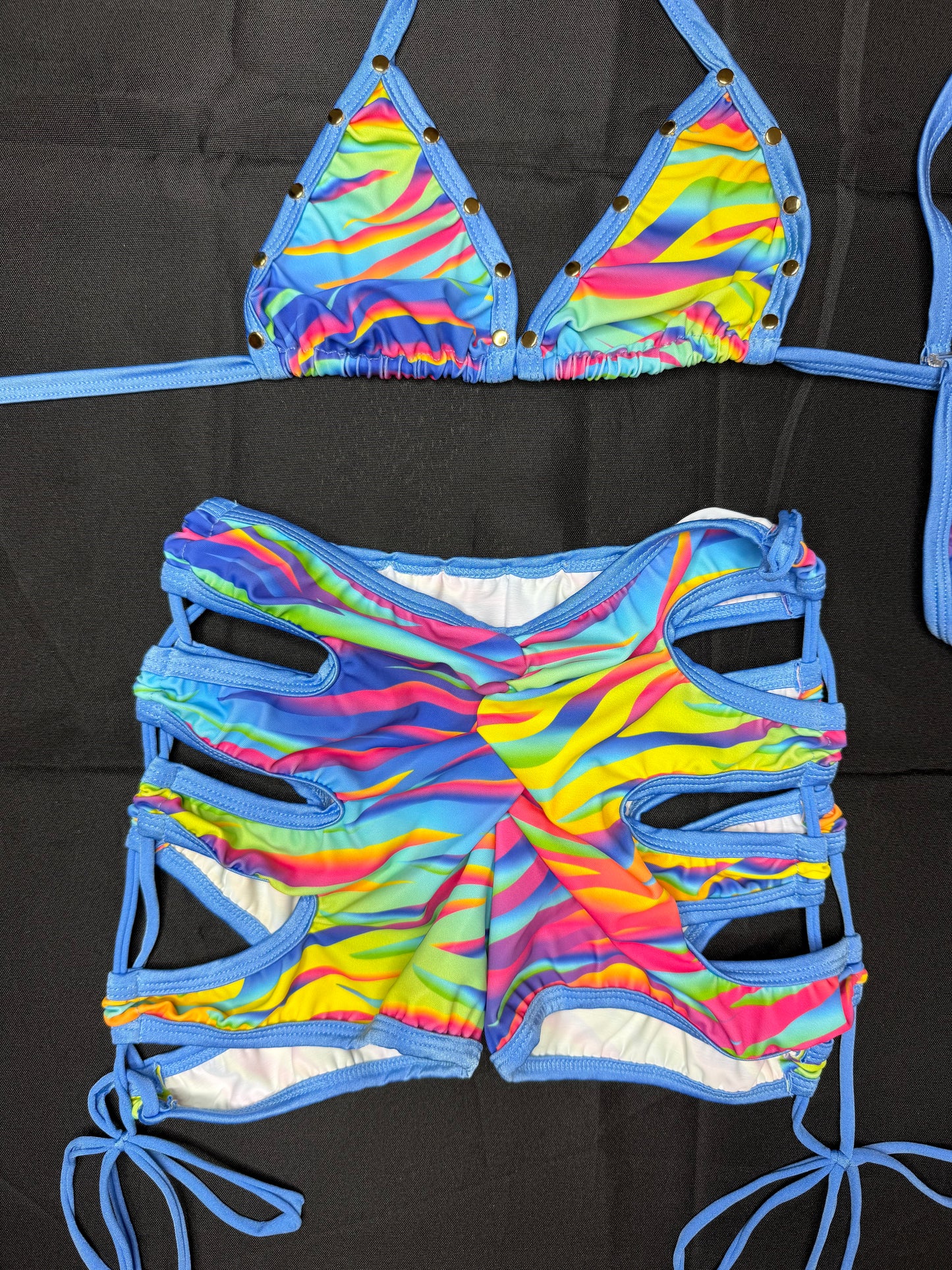 Pastel Rainbow Swirl Print/Baby Blue Spandex Bikini Top/Shorts Two-Piece Lingerie Outfit
