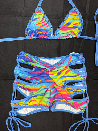 Pastel Rainbow Swirl Print/Baby Blue Spandex Bikini Top/Shorts Two-Piece Lingerie Outfit