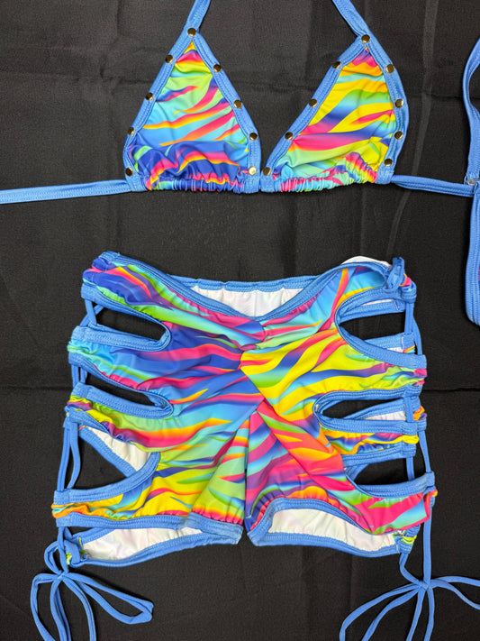 Pastel Rainbow Swirl Print/Baby Blue Spandex Bikini Top/Shorts Two-Piece Lingerie Outfit