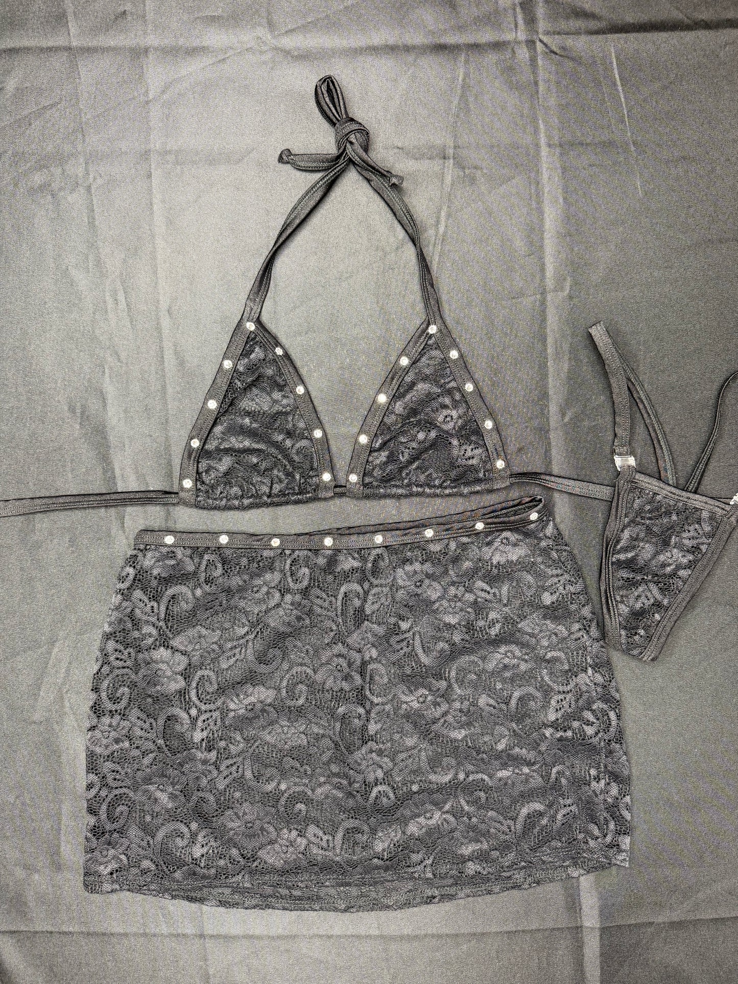 Black Lace Two-Piece Skirt Lingerie Outfit