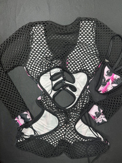 Black Fishnet/Bunny Print Spandex One-Piece Romper Lingerie Outfit