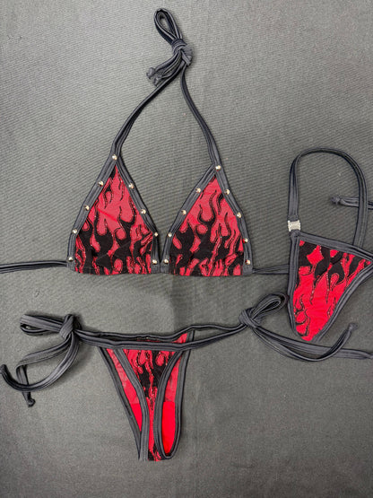 Red Flame Mesh Two-Piece Side Tie Bikini Lingerie Outfit