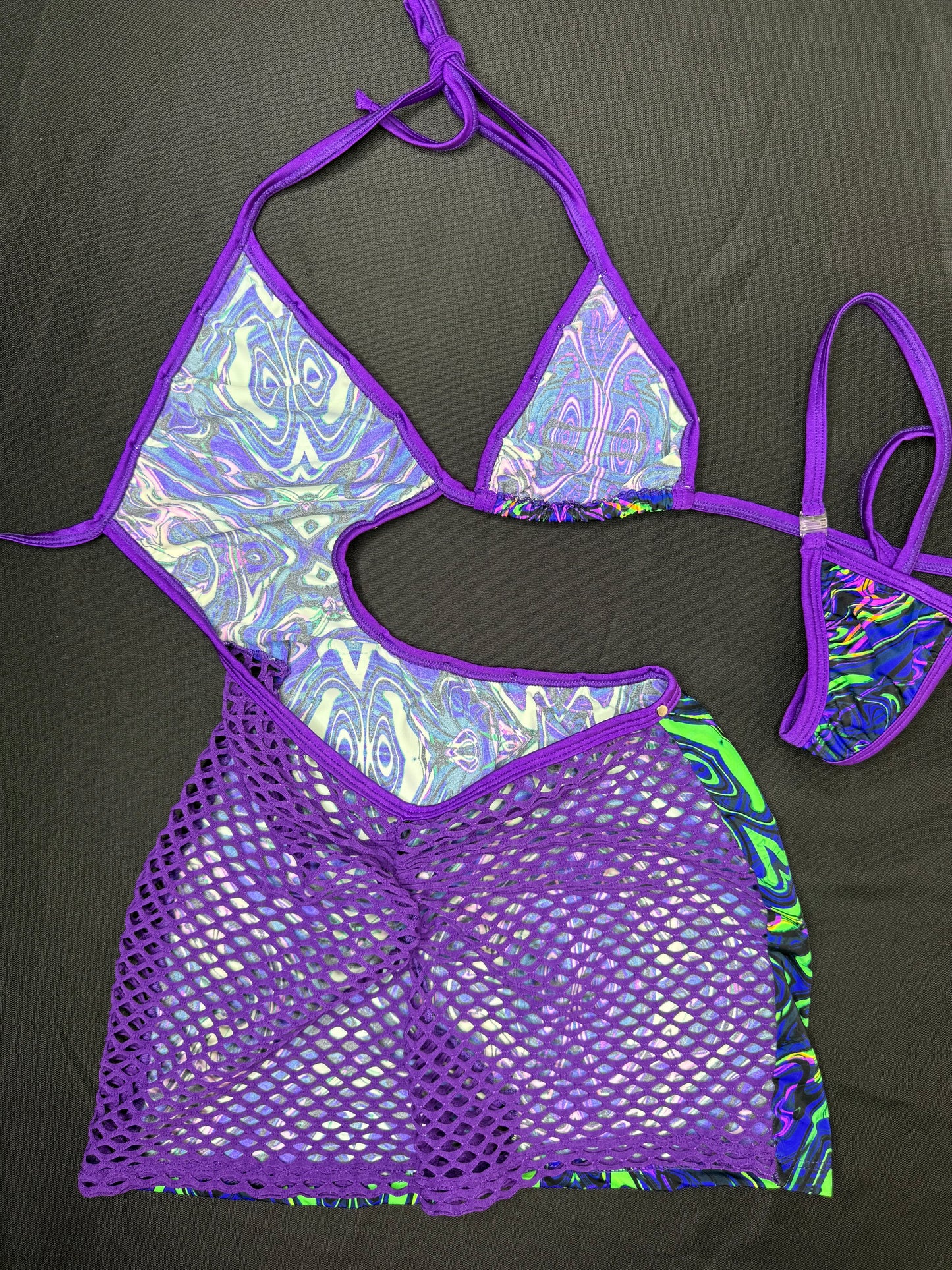 Trippy Blue/Green Spandex/Purple Fishnet One-Piece Lingerie Outfit