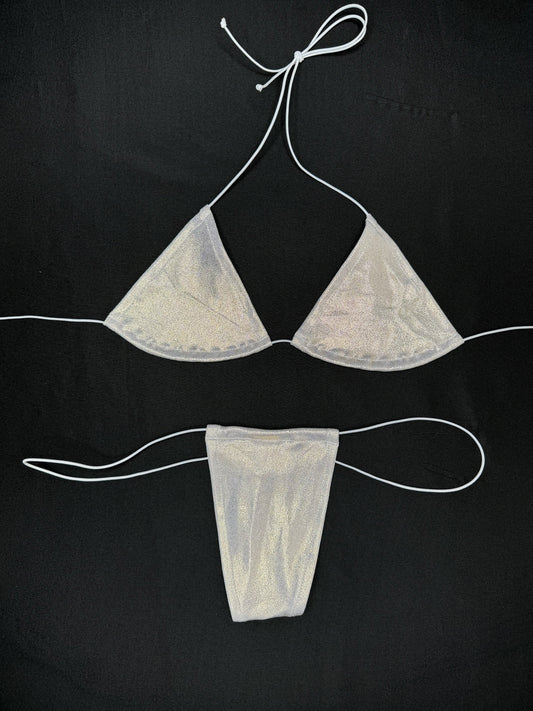 Metallic Grey Two-Piece Micro Bikini Lingerie Outfit