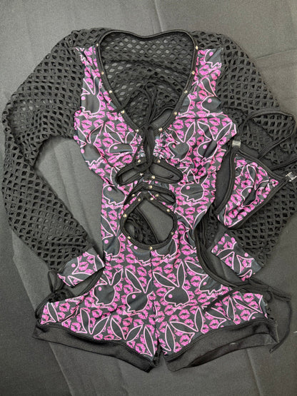 Black/Pink Bunny Bartender Romper Outfit