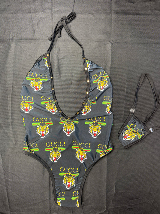 Black Designer Tiger One-Piece Lingerie Outfit