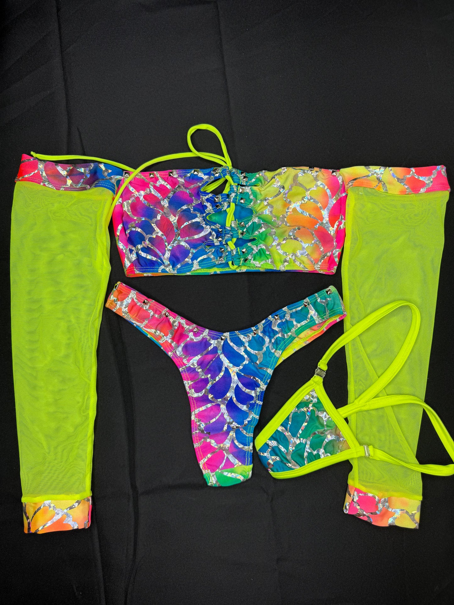 Rainbow Fish Animal Print Spandex/Neon Yellow Mesh Two-Piece Lingerie Outfit
