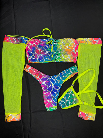 Rainbow Fish Animal Print Spandex/Neon Yellow Mesh Two-Piece Lingerie Outfit