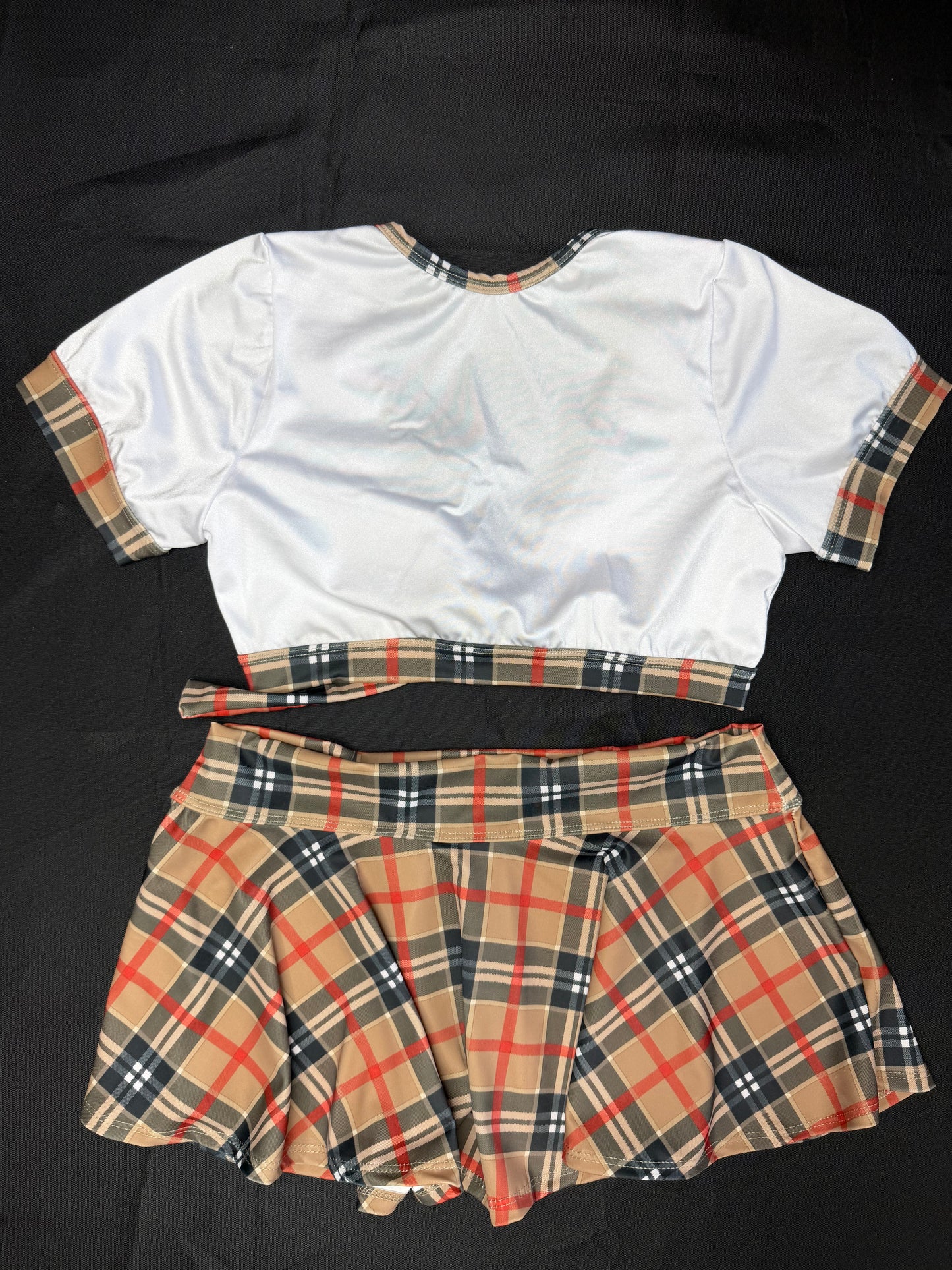 Plaid/White Spandex Short Sleeve/Skirt School Girl Outfit