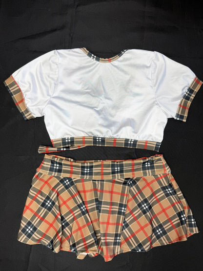 Plaid/White Spandex Short Sleeve/Skirt School Girl Outfit
