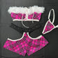 Pink Plaid Spandex/White Fur Two-Piece Tube Top/Shorts Lingerie Outfit