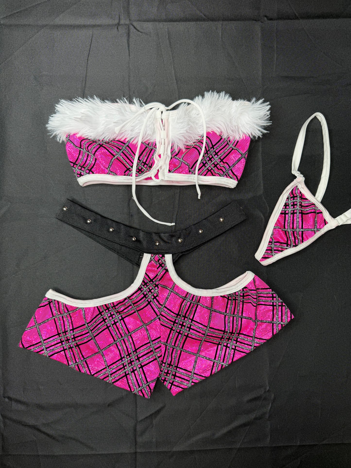 Pink Plaid Spandex/White Fur Two-Piece Tube Top/Shorts Lingerie Outfit