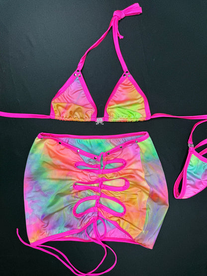 Tie Dye Spandex Two-Piece Skirt Lingerie Outfit