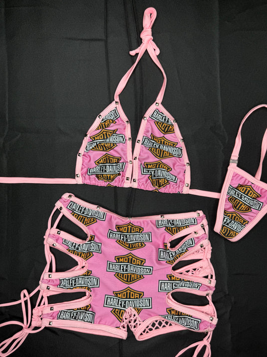 Harley Pink/Baby Pink Spandex Fishnet Shorts/Bikini Top Two-Piece Lingerie Outfit