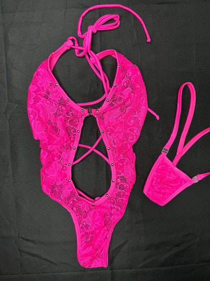 Hot Pink Lace One-Piece Lingerie Outfit