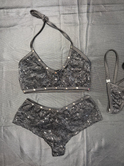 Black Lace Sports Bra/Shorts Two-Piece Lingerie Outfit