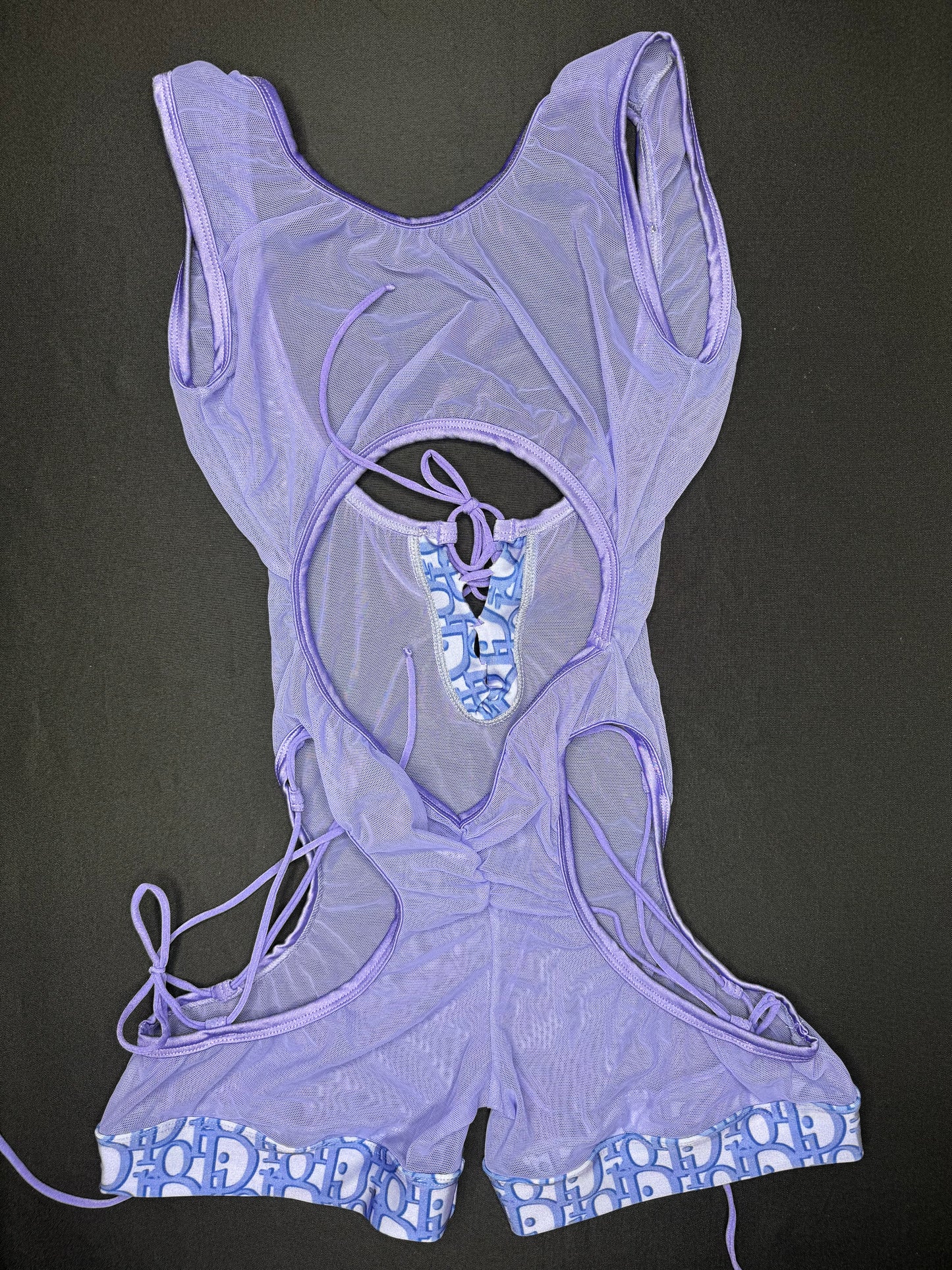 Lavender Designer Spandex/Mesh One-Piece Sleeveless Romper/Bikini Top Lingerie Outfit